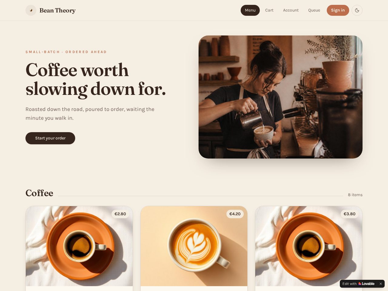 Bean Theory — café ordering & rewards live demo screenshot