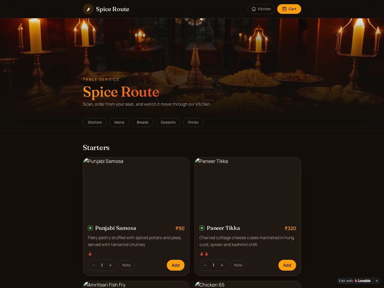 Spice Route — QR menu & ordering live demo screenshot