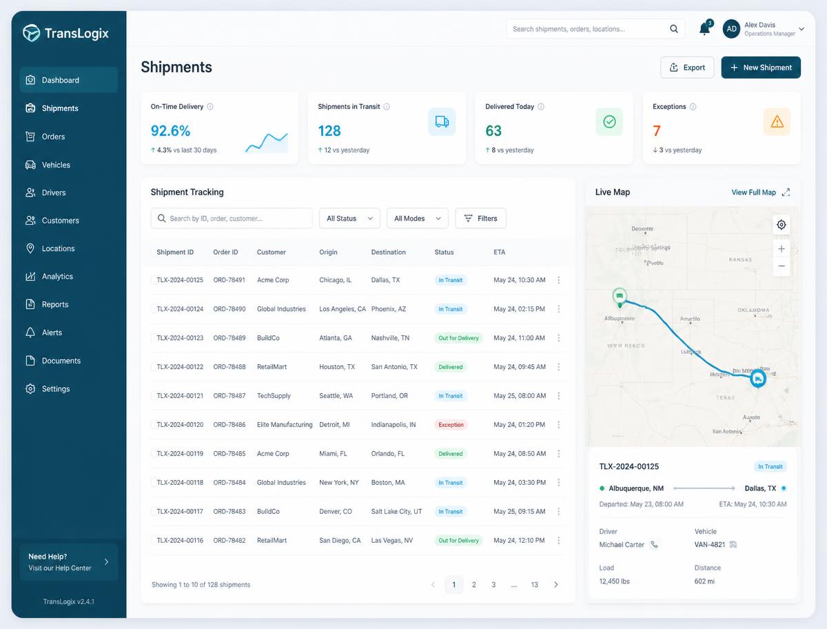 Operations portal for a logistics firm